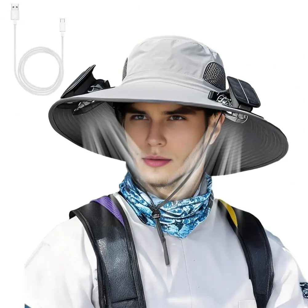 Outdoor Solar-Powered Fan Hat - Wide Brim Sun Protection for Fishing, Hiking & Gardening