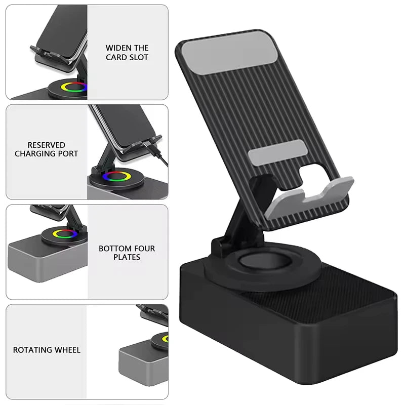 Multi-Functional 3-in-1 Collapsible Bluetooth Speaker & Phone Holder - 360° Rotating Stand & Portable Power Bank for iPad and Mobile Devices