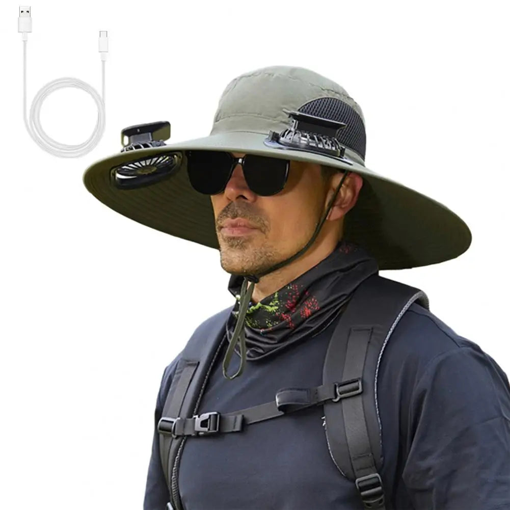 Outdoor Solar-Powered Fan Hat - Wide Brim Sun Protection for Fishing, Hiking & Gardening