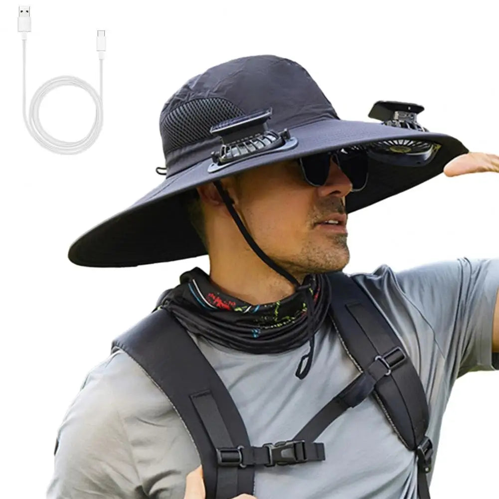 Outdoor Solar-Powered Fan Hat - Wide Brim Sun Protection for Fishing, Hiking & Gardening