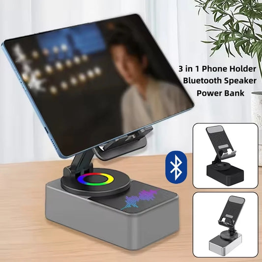 Multi-Functional 3-in-1 Collapsible Bluetooth Speaker & Phone Holder - 360° Rotating Stand & Portable Power Bank for iPad and Mobile Devices