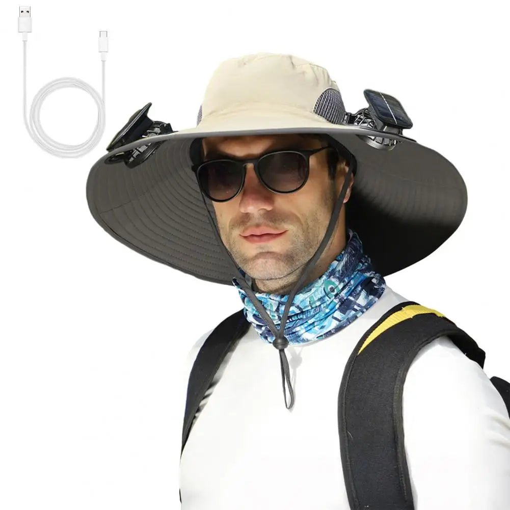 Outdoor Solar-Powered Fan Hat - Wide Brim Sun Protection for Fishing, Hiking & Gardening