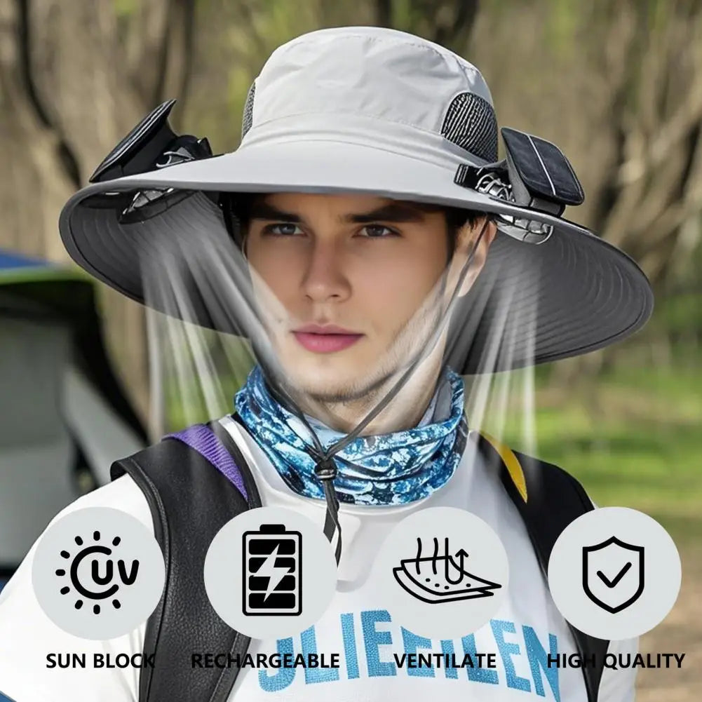 Outdoor Solar-Powered Fan Hat - Wide Brim Sun Protection for Fishing, Hiking & Gardening